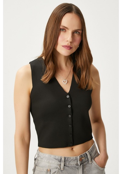 Ritnice Kadın Petite Çıtçıtlı Crop Siyah Triko Yelek Siyah