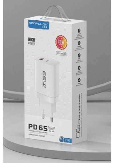 C99q 65w Pd Destekli Type-c Ve Usb Çift Çıkışlı Hızlı Şarj Adaptörü - Beyaz Renkli