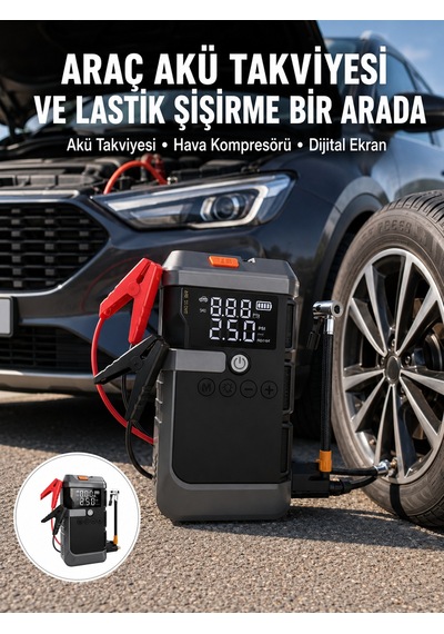 Araç İçin 4 Fonksiyonlu Akü Takviye Ve Lastik Şişirme Cihazı Yeni Nesil Diğer