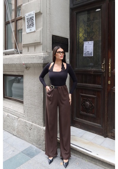 Kechi Woman Linda Twill Kumaş Kemer Detay Pantolon Kahverengi