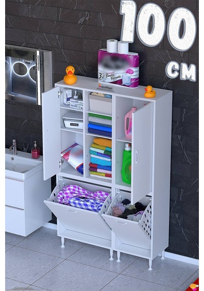 Pınar 100 Cm Raflı Dolap Beyaz Kirli Sepetli Dolap 65+35 X160x32,5 Cm