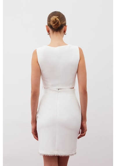 Sateen Kare Yaka Crop Bluz - Ekru-134914 Ekru