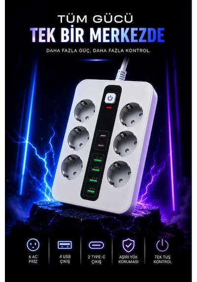 6'lı Priz Çoklayıcı 4 Usb + 2 Type-c Hızlı Şarjlı Anahtarlı Priz 3500w 2 Metre Kablo 2 - 5 M
