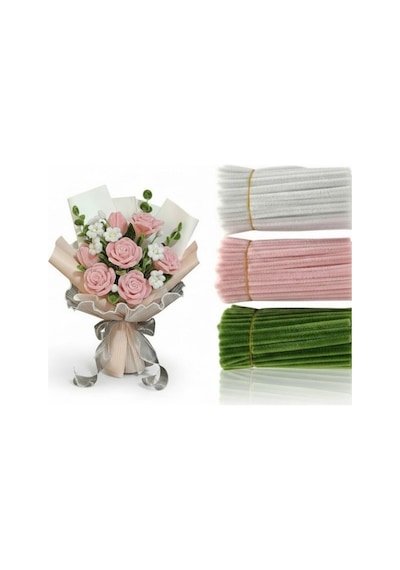 100 Adet 3'lü Şönil Set Pastel Pembe 50 , Beyaz 25 , Ordu Yeşili 25 Şönil ,çiçek Yapım Seti