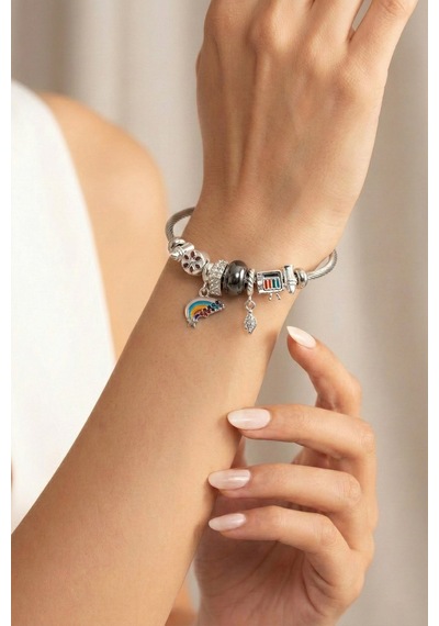 Gökkuşağı Ve Sanat Temalı Charm Detaylı Silver Antrasit Bijuteri Kelepçe Bileklik