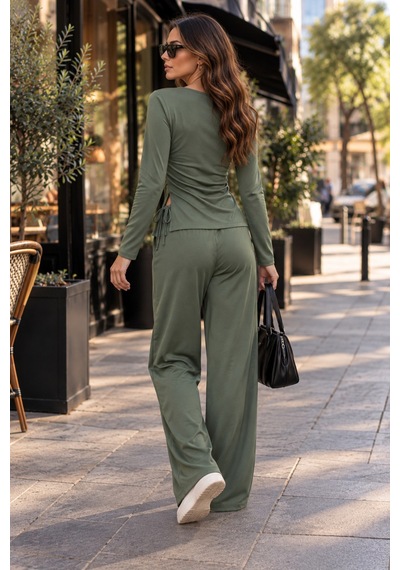 Moda Banuş Modal Kumaş Bol Paça Haki Rahat Eşofman Takımı Yeşil Yeşil