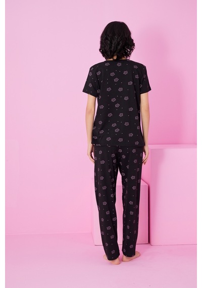 Siyah İnci Bisiklet Yaka Örme Pijama Takım Siyah Pembe Çiçek