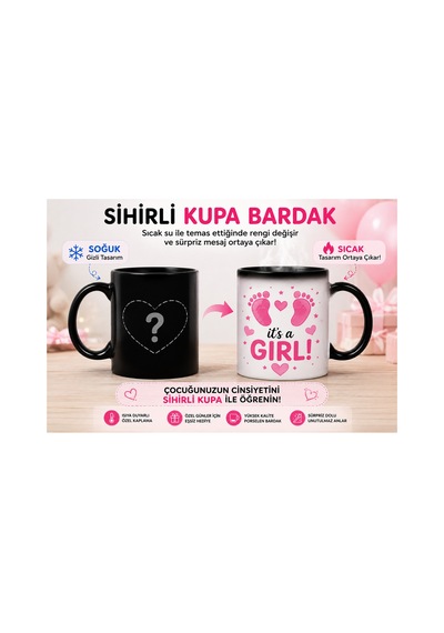 Sihirli Kupa Bardak Kız Bebek Cinsiyet Sürprizi Siyah Siyah