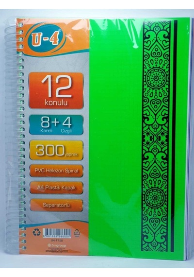 Zersan U4 8+4  Bölümlü 300 Yaprak A4 Sipralli Ayraçlı Defter 8 Kareli 4 Çizgili Çoklu Defter