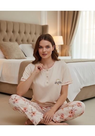 Mihra Kadın Ring Viskon Düğmeli Yaka Kısa Kol Likralı Pijama Takımı 40112b - 1 Adet Bej