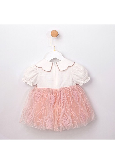 Ministok Dora Yakası Nakış Detaylı Tütü Etekli Kız Bebek Elbise Pembe