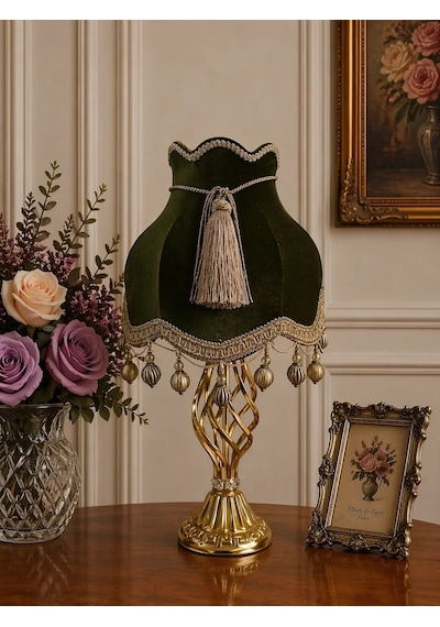 Haki Kadife Kaplı Gold İşlemeli Başlık Metal Burgulu Gold Ayaklı Klasik Model Abajur 50x30cm