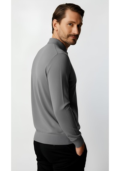 İgs Gri Standart Fit Dar Kalıp Polo Yaka Düz Uzun Kollu Rayon Triko-21896 Gri