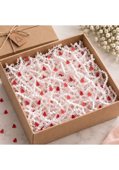 Kırpık Kağıt Z Zigzag 250 Gram Beyaz Renk Kırmızı Çam Ağacı Desenli Hediye Kutusu İçi Dolgu Kağıdı, Hediye Paketleme Ve Dekoratif Ambalaj Süsü