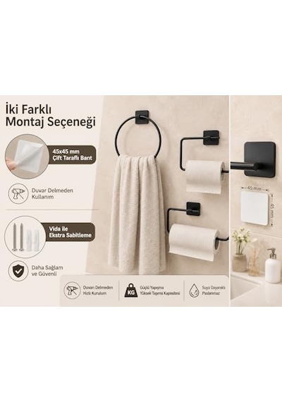 3 Lü Siyah Banyo Seti, Yapışkanlı Ve Vidalı Montajlı Havluluk, Tuvalet Kağıtlığı, Yuvarlak Havluluk Ve Kağıt Havluluk Seti Açık Ahşap