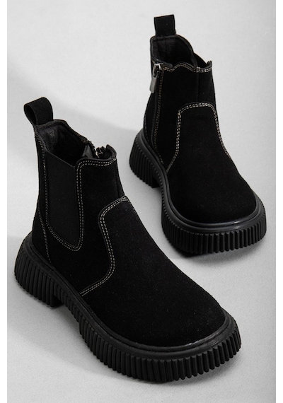 Tonny Black Kalın Tırtıklı Termo Taban Fermuarlı Lastikli Çocuk Unisex Siyah Süet Chelsea Bot Tbgrf005 Siyah Süet