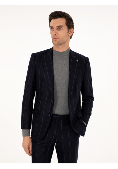 Cacharel Koyu Lacivert Slim Fit Çizgili Yün Takım Elbise Cacharel Koyu Lacivert Slim Fit Çizgili Yün Takım Elbise
