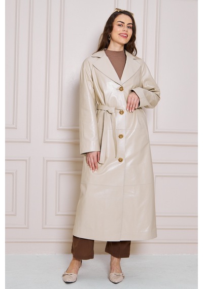 M M Marki Marki Kadın Hakiki Deri Trençkot Bej, V Yaka, Kuşaklı, Düğme Kapamalı, Oversize, 120 Cm - 117222