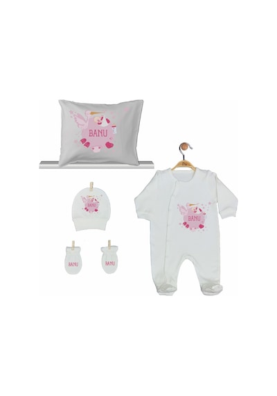 Pia Baby Gl 2005 İsme Özel Leylekli Beşli Tulum Set Krem