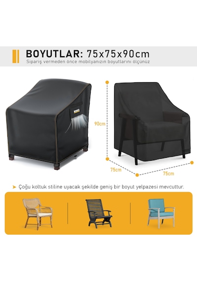 Haegs Tek Kişilik Bahçe Koltuk Örtüsü, Koruma Kılıfı, Su Geçirmez Açık Hava Bahçe Mobilya Kılıfları, Dış Mekan Sandalye Kılıfı Örtü Branda, Ağır Hizmet Tipi, 75-75-90cm - Siyah