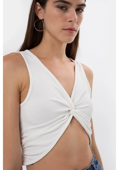 Hiccup Düz Renkli Fitilli Ön Kıvrık Crop Top Beyaz