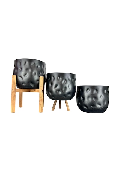 Bitki Tasarımı Ev Dekorasyon Aksesuar Siyah Desenli Toprak Saksı Saksılık Salon Çiçeklik Üçlü Set 19 Cm