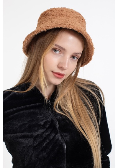 Ladycolor Kadın Kışlık Şapka Peluş Kumaş Bucket Modeli Camel Camel