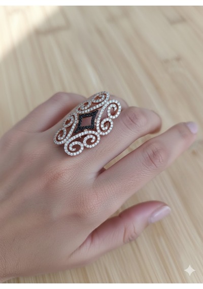 Roz Kaplama Oniks Baklava Desenli Filigran Yüzük Gümüş - Rose Gold