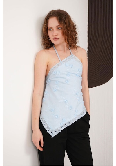Verymoda Boyundan Askılı Güpür Bluz D2968 Mavi