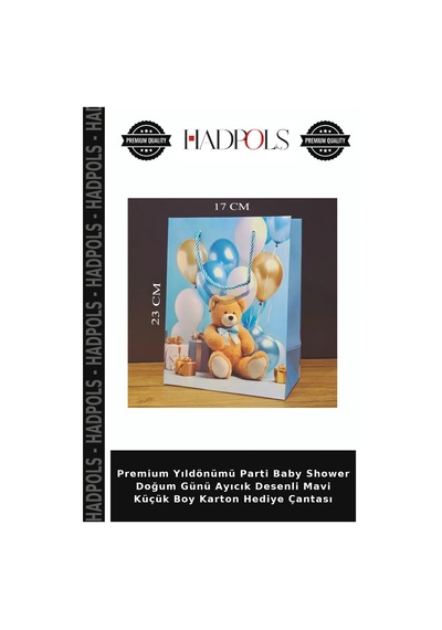 Premium Yıldönümü Parti Baby Shower Doğum Günü Ayıcık Desenli Mavi Küçük Boy Karton Hediye Çantası