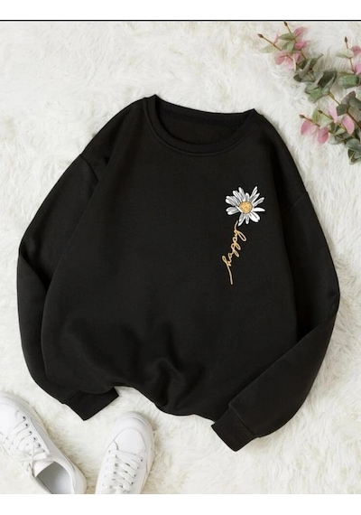 Startmore Siyah Oversize Papatya Baskılı 0 Yaka Kapşonsuz Pamuklu Kadın Sweatshirt Siyah