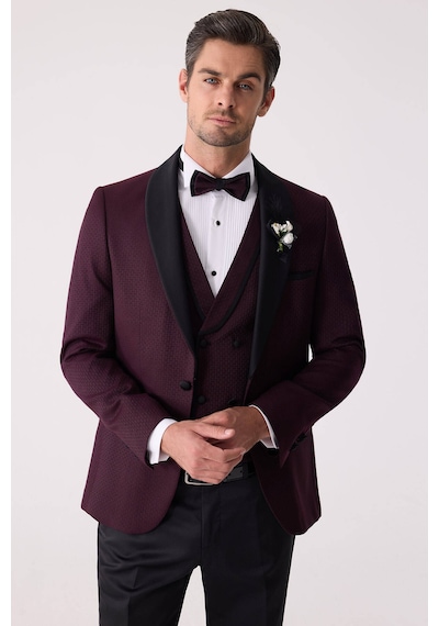 Ysf Erkek Mürdüm Çıkma Şal Yaka Slim Fit Damatlık