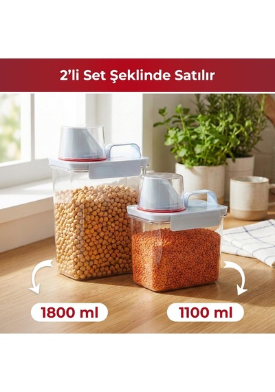 2 Li Saklama Kabı Sıkı Kapanan Ölçekli Kapak, Sızdırmaz Erzak Bakliyat Ve Deterjan İçin Çok Amaçlı Set 1100 Ml 1800 Ml