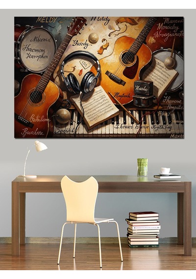 Ahşap Tablo Müzik Aletleri Ve Notalar Eskizi