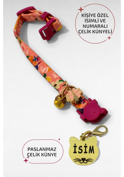 Caramelos Güvenlik Kilitli Kedi Tasması, Isimli Kedi Tasması, Kedi Isimlik, Kedi Künyesi, Safety Click Fsy