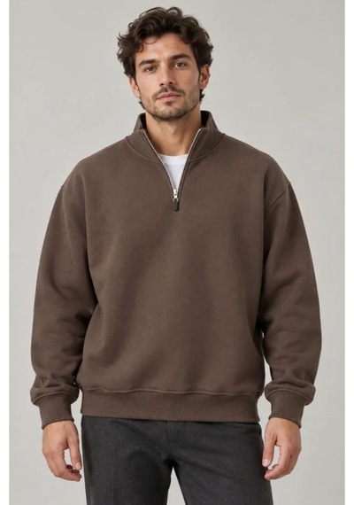 Butik İstanbul Erkek Üç İplik İçi Şardonlu Dik Yaka Yarım Fermuarlı Kışlık Sweatshirt - Kahverengi