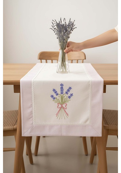 Lavanta İşlemeli Buldan Kumaş Runner 50x130 Cm Krem