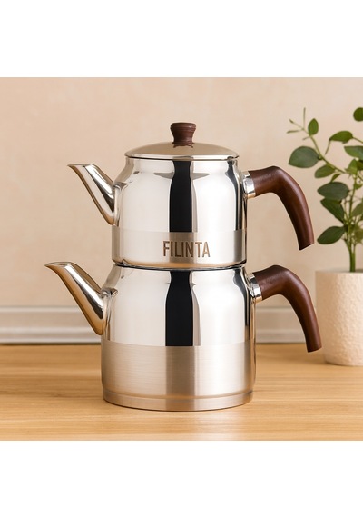 Orta Boy Çelik Çaydanlık Seti Çift Kapaklı, Süzgeçli 1.25l/2.25l Çr