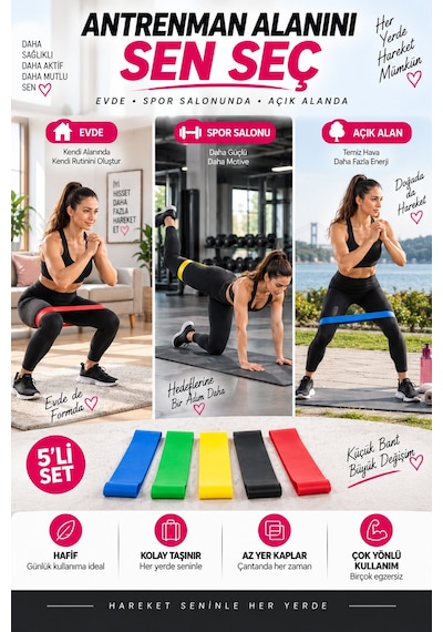 5'li Egzersiz Direnç Bandı Seti Pilates Fitness Yoga Spor Lastiği Evde Antrenman & Egzersiz Ekipmanı Çok Renkli