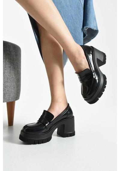Dabab Shoes Loftıa Kadın Siyah Rugan Chunky Topuklu Loafer