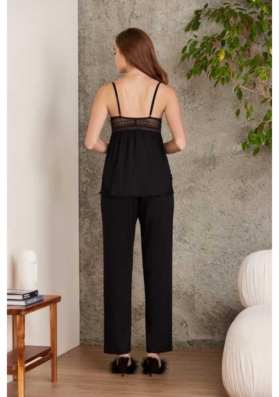 Pierre Cardin 2820 Kadın Siyah Dantelli Penye 3'lü Sabahlıklı Pijama Takım 001