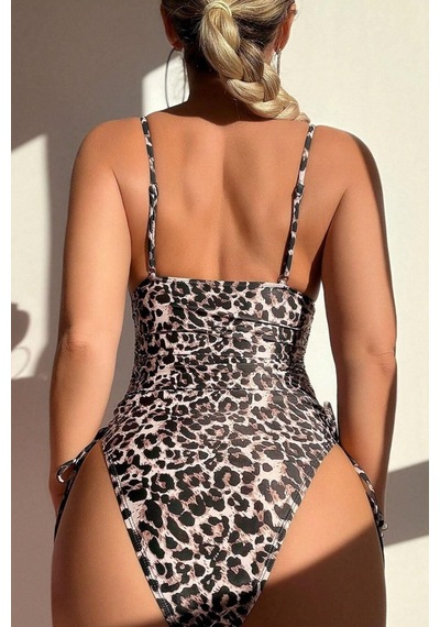 Bella Notte Leopar Desenli Astarlı Yandan Büzgülü Mayo Siyah