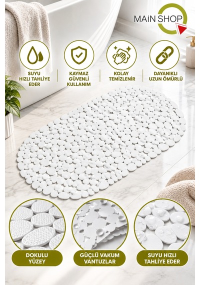 Güvenli Ve Kaydırmaz Duş Paspası - 34x68 Cm Vantuzlu Banyo Paspas Beyaz Renk M-130