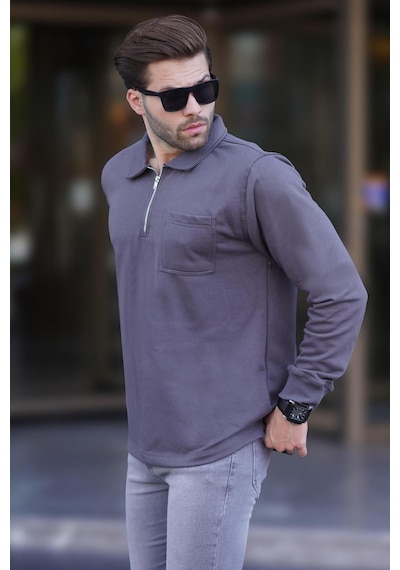 Madmext Füme Polo Yaka Fermuarlı Uzun Kollu Erkek Sweatshirt 7057 Füme
