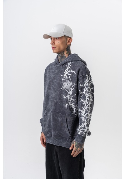 Respire Erkek Far From Basic Baskılı Yıkamalı Kapüşonlu Oversize Hoodie Siyah
