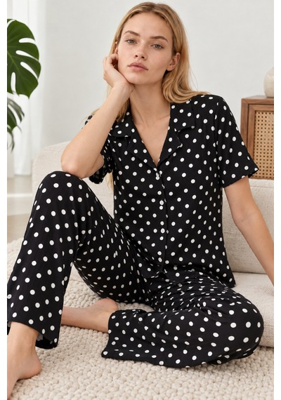 Kadın Desenli Siyah Kısa Kollu Pijama Takımı 4813
