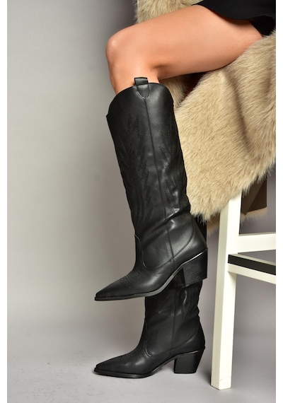 Fox Shoes T267765209 Siyah Kovboy Model Kadın Çizme Siyah-Suni Deri