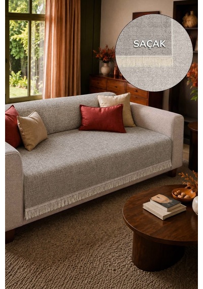 Çift Taraflı Pamuklu Kaymaz Koltuk Örtüsü 170x220cm - Krem Çok Amaçlı Örtü Pike Koltuk Şalı