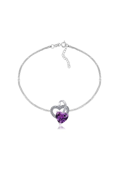 Brezza Lusso Jewelry 925 Ayar Gümüş Ametist Taşlı Çift Kalp Kadın Gümüş Bileklik
