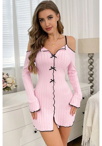 Bella Notte Toz Pembe Düşük Omuzlu V Yaka Uzun Kollu Gecelik
